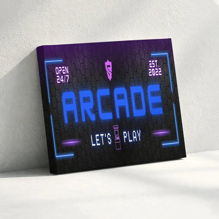 Arcade Wall Art | Neon Style Let's Play Sign | Premium Gallery Wrap Canvas | Gamer Room Decor for Men and Teens