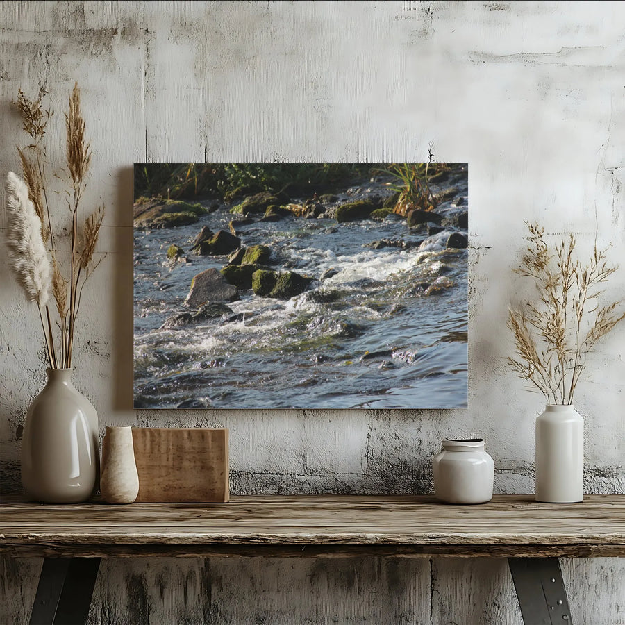 Sunlit River Wall Art | Flowing Stream Over Mossy Rocks | 1.25-Inch Gallery-Wrapped Canvas | Modern Nature Landscape Decor for Home or Office