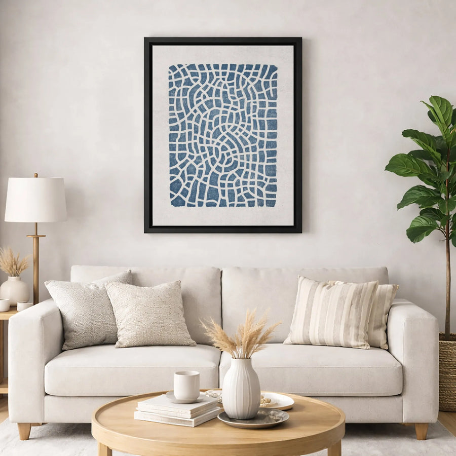 Abstract Blue Geometric Canvas Wall Art | Modern Labyrinth Pattern Print | Premium Fade-Resistant Gallery Wrap | Minimalist Home Decor Gift