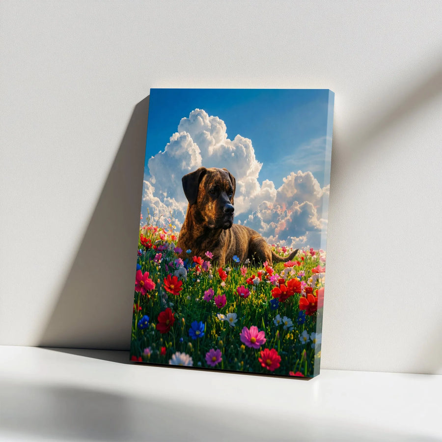 Brindle Dog in Wildflower Garden Vertical Canvas | Vibrant Summer Flower Meadow Pet Art | Premium 1.25 Inch Gallery Wrap | Memorial Gift for Dog Lovers & Home Decor