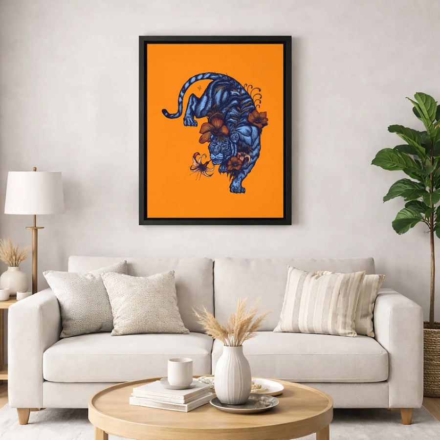 Blue Tiger Floral Canvas Wall Art | Botanical Animal Illustration | Premium Gallery Wrap Print | Modern Living Room Decor Gift