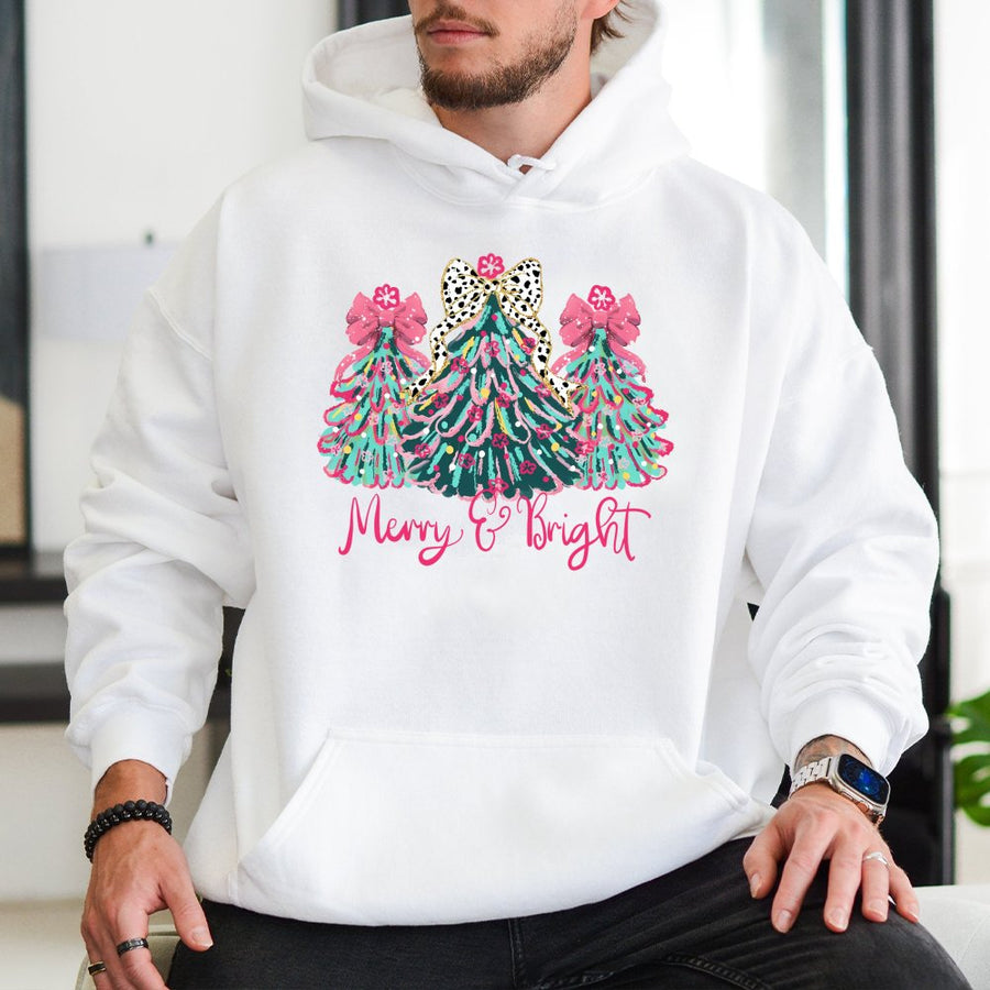 Merry and Bright Christmas Hoodie | Colorful Leopard Print Tree Graphic | Soft Cotton-Polyester Blend | Festive Holiday Gift for Women