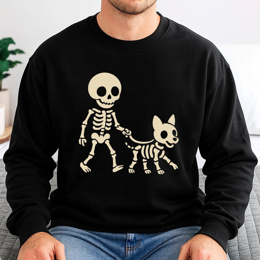 Skeleton Walking Dog Sweatshirt | Spooky Skeleton Graphic | Premium Cotton Blend | Funny Halloween Gift for Dog Lovers