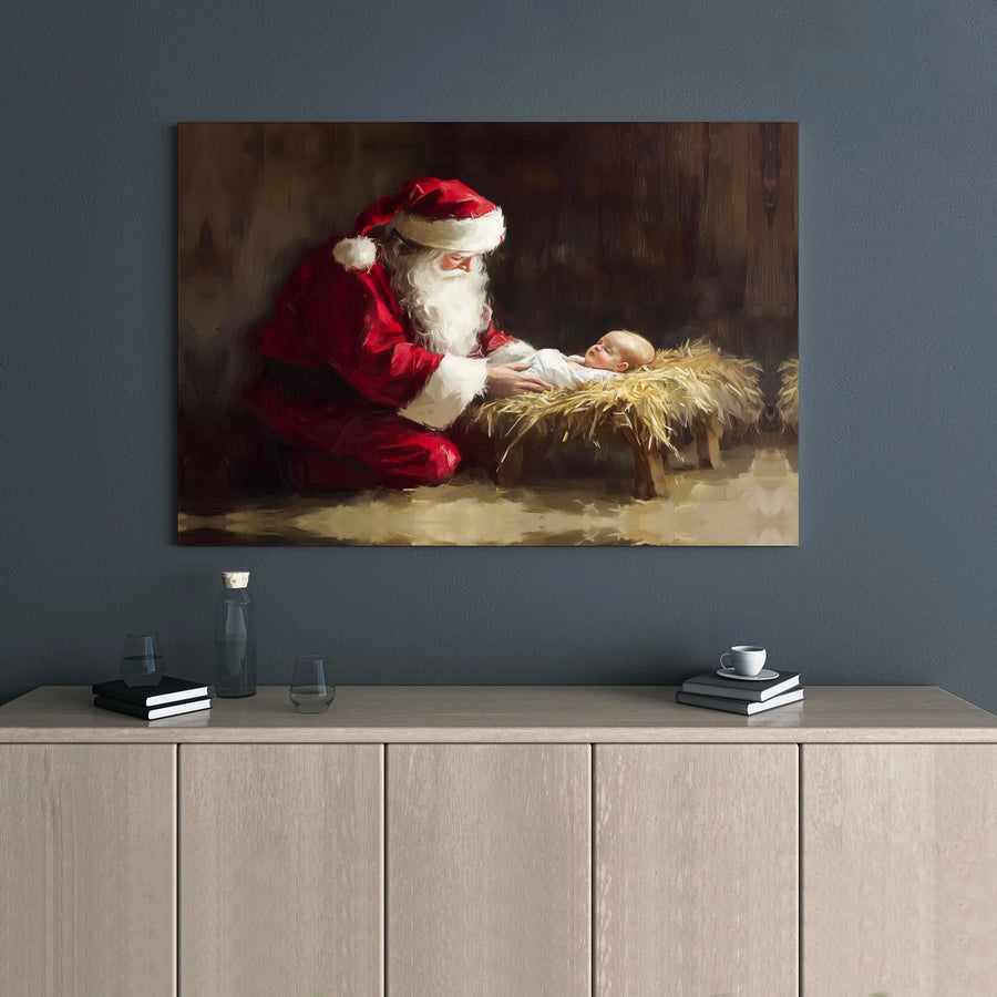 Santa Kneeling Before Baby Jesus Canvas Print | Religious Christmas Wall Art | Premium Gallery Wrapped Decor | Heartwarming Holiday Gift