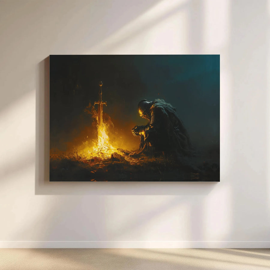 Fantasy Knight Canvas Wall Art | Kneeling Soldier at Bonfire Illustration | Premium Gallery Wrap Decor | Dark Fantasy Gamer Gift for Office