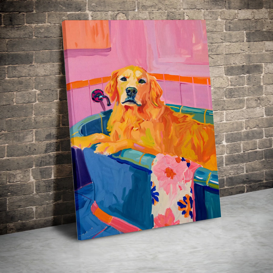 Golden Retriever in Bathtub Canvas | Vibrant Pop Art Dog Painting | Thick Gallery Wrapped Print | Unique Gift for Dog Mom, Bathroom Wall Decor