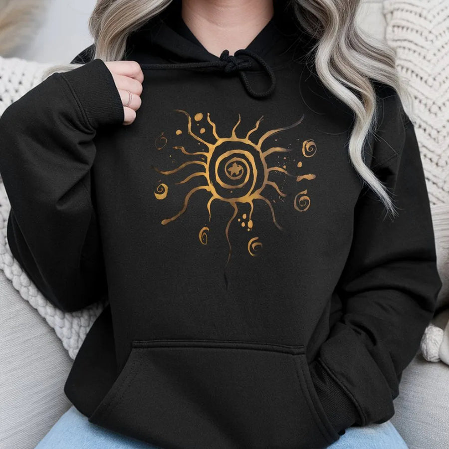 Celestial Sun Hoodie | Boho Golden Sun Graphic Print | Premium Soft Cotton Blend | Spiritual Gift for Women and Men