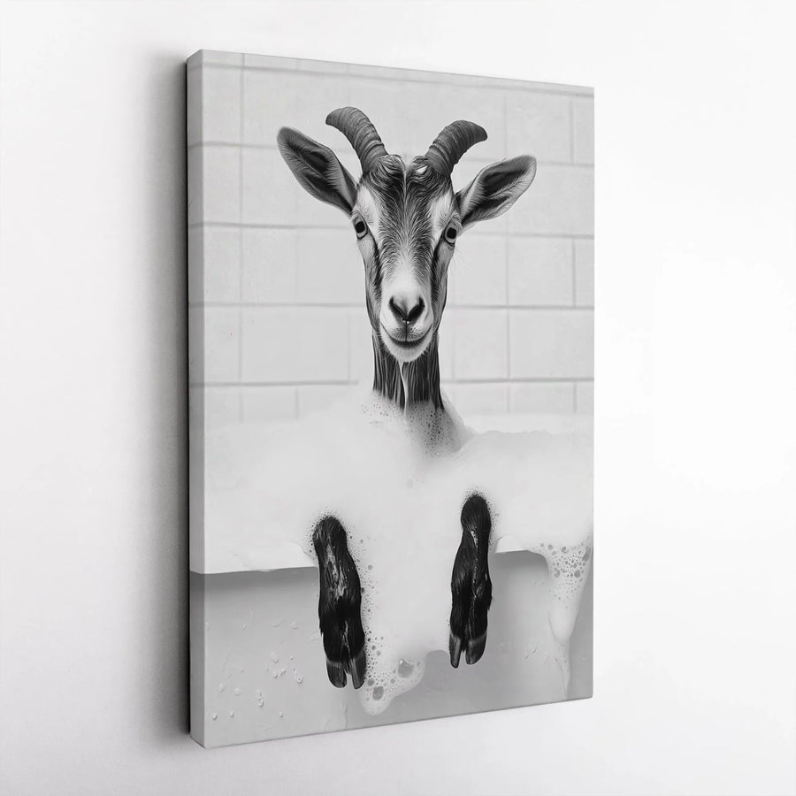 Goat in Bathtub Vertical Canvas | Quirky Black & White Animal Photo | Premium Frameless Wall Art | Funny Bathroom Decor Gift for Farmhouse