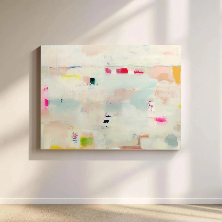 Modern Abstract Horizontal Canvas | Pastel Cream & Pink Expressionist Painting | 1.25 Inch Gallery Wrap | Minimalist Living Room Decor Gift