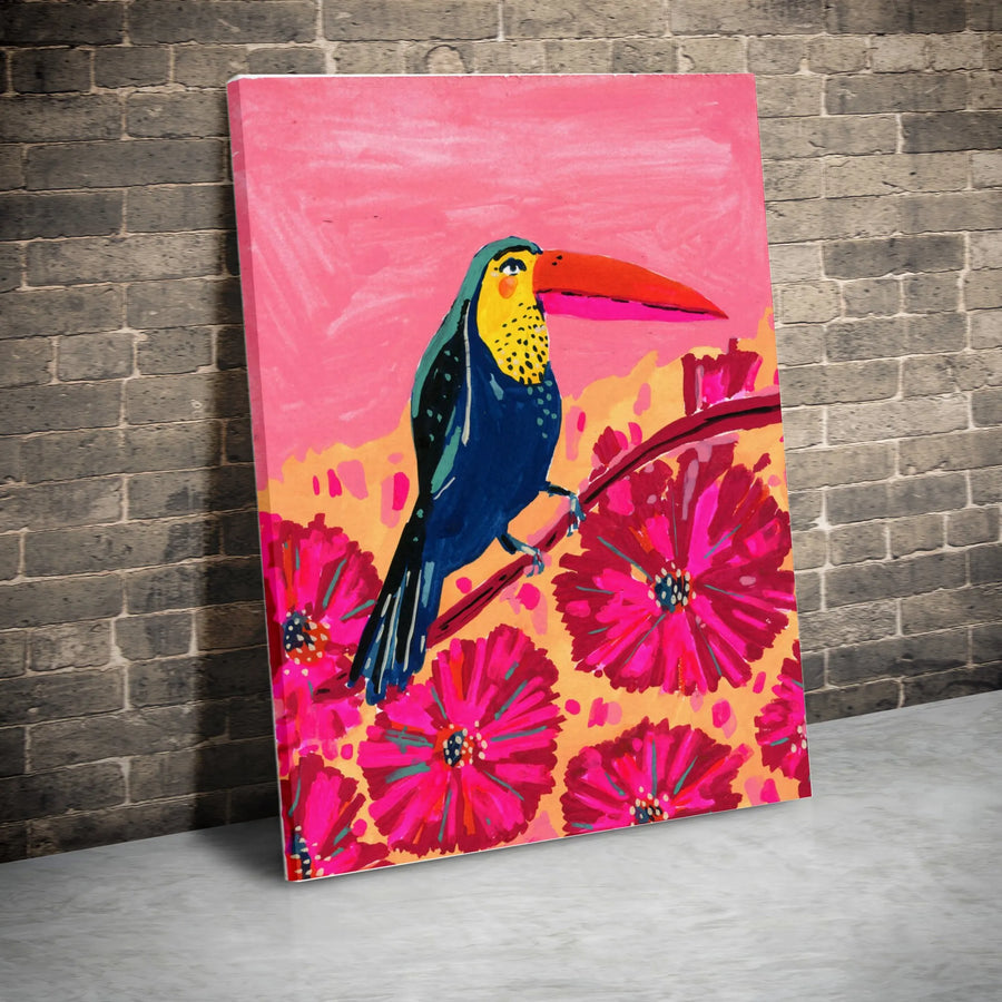 Vibrant Toucan Canvas Wall Art | Colorful Tropical Bird & Floral Painting | Premium Thick Gallery Wrap | Boho & Tropical Home Decor Gift