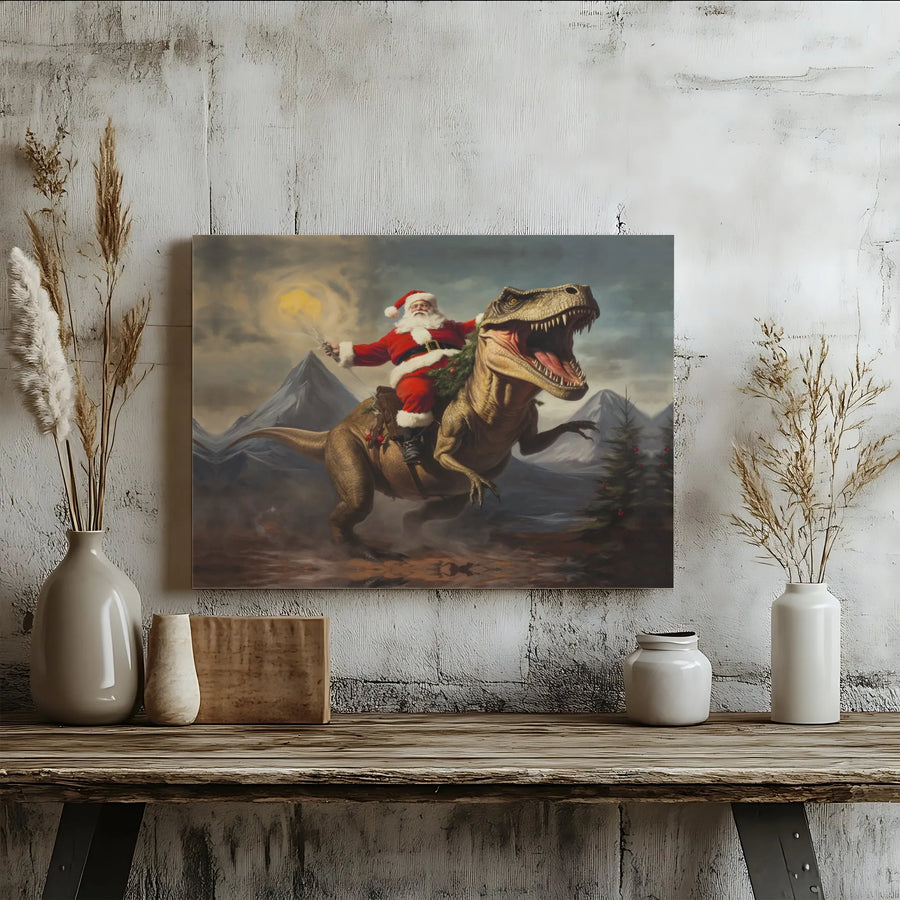 Santa Riding T-Rex Canvas Print | Funny Dinosaur Christmas Wall Art | Gallery Wrapped Premium Decor | Unique Holiday Gift for Dino Lovers