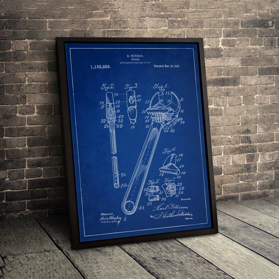 Wrench Patent Blueprint Art | 1915 Industrial Tool Technical Drawing | Premium Gallery Canvas | Workshop Office Wall Decor Gift For Him