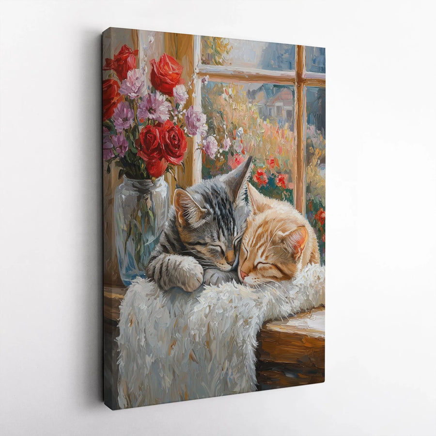 Sleeping Cats Canvas Wall Art | Impressionist Window Scene with Red Roses | Premium 1.25" Gallery Wrap | Cozy Home Decor Gift for Cat Lovers