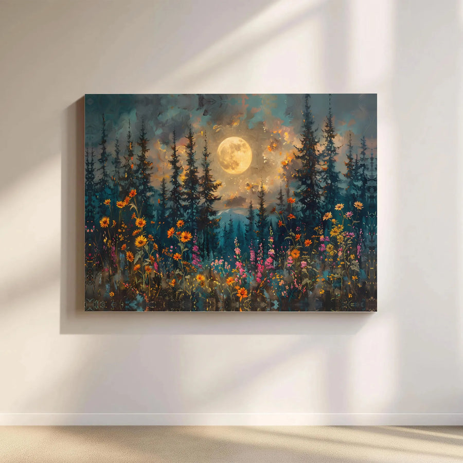 Enchanted Forest Canvas Wall Art | Wildflowers and Full Moon Print | 1.25-Inch Gallery Wrap Frame | Nature Home Decor Gift