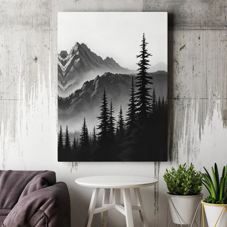 Black And White Mountain Canvas Wall Art | Foggy Pine Forest Landscape | Premium Gallery Wrap 1.25 Inch Thick | Minimalist Home Decor Gift