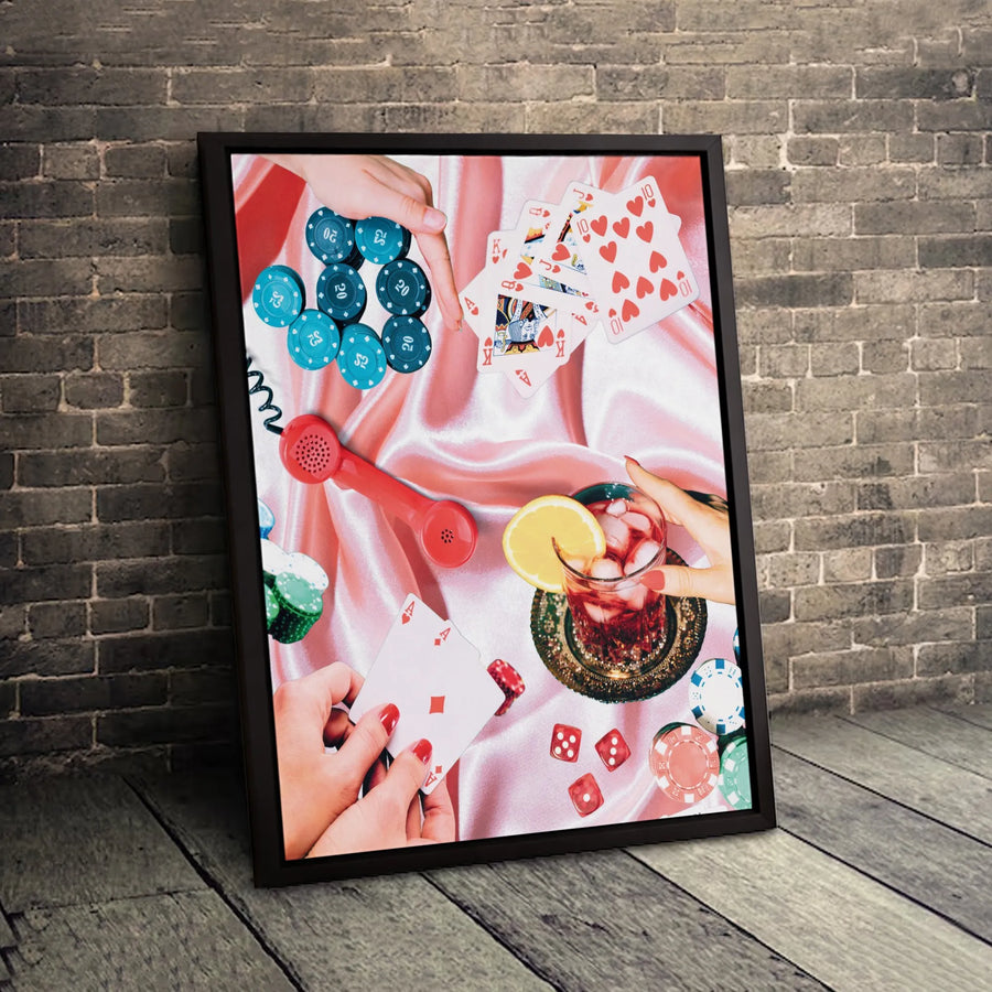Poker Night Canvas Wall Art | Retro Casino Aesthetic Collage with Cards and Cocktail | Gallery-Wrapped Premium Decor | Gift for Poker Player