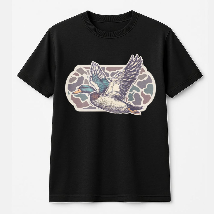 Flying Mallard Duck T-Shirt | Vintage Hunting Camo Graphic | Premium 100% Cotton | Outdoor Nature Gift for Hunters and Duck Lovers