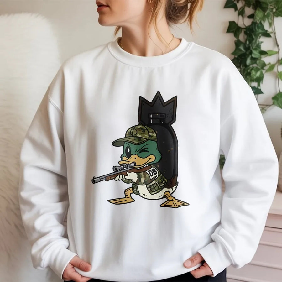 Duck Hunter Sweatshirt | Tactical Camo Duck Cartoon Graphic | Premium Cotton Blend | Waterfowl Hunting Gift For Men
