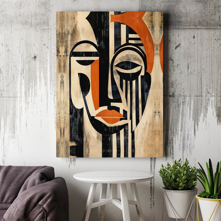 Abstract Face Canvas Wall Art | Unique Cubist Portrait with Wood Texture | Premium Gallery Wrapped Print | Modern Statement Decor for Home or Office