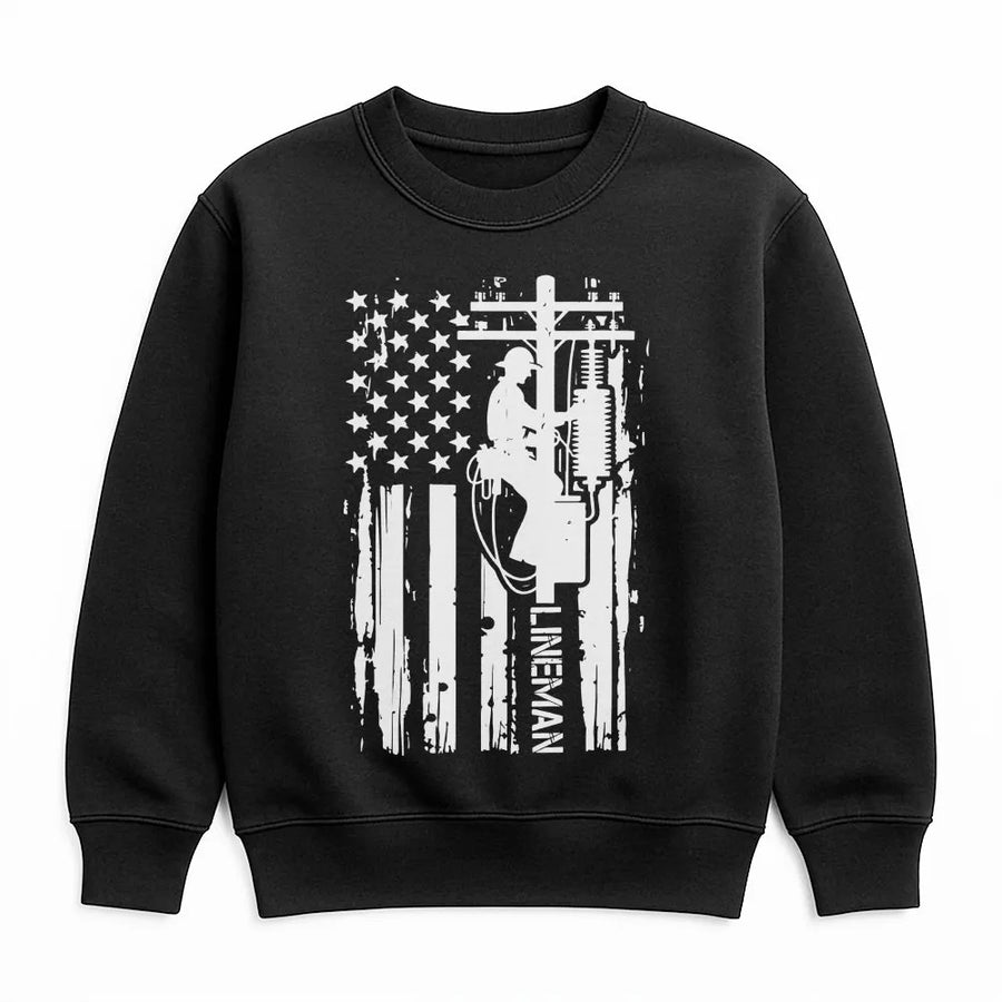 Lineman American Flag Sweatshirt | Distressed Utility Worker Graphic | Premium Cotton Blend | Electrician Gift for Men and Women