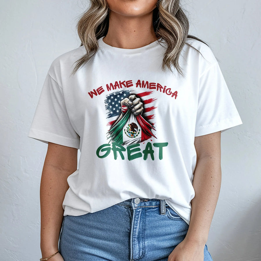 Mexican American Pride T-Shirt | Dual Flag Hand Graphic | Premium Cotton Unisex Tee | Gift for Mexican Heritage and Culture Lovers