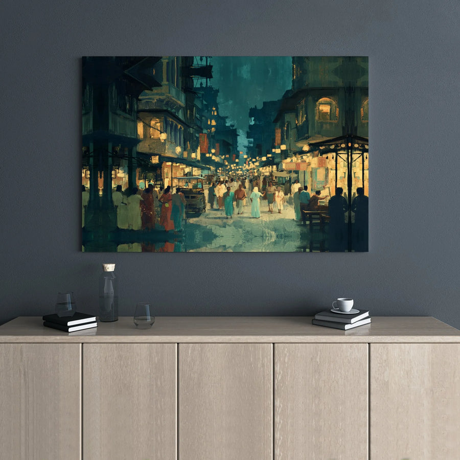 Night Market Street Scene Canvas Wall Art | Impressionist Urban Evening Landscape | Premium Gallery Wrap Print | Home Office Decor Gift