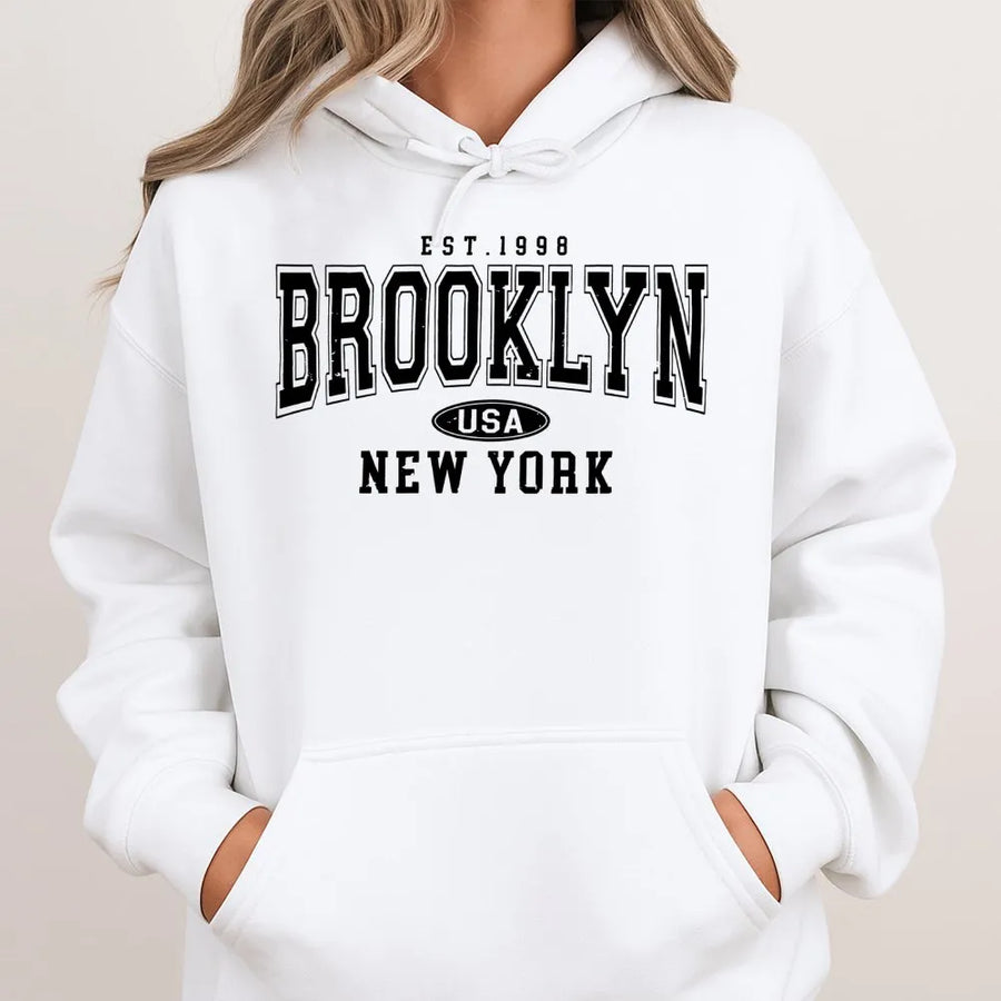 Brooklyn New York Hoodie | Distressed Varsity Lettering | Premium Cotton Blend | Unisex Streetwear Graphic Sweatshirt Gift