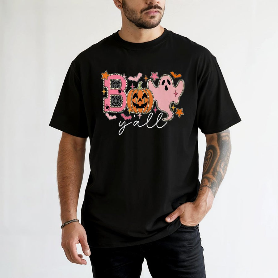 Boo Y'all Halloween T-Shirt | Cute Pink Ghost and Pumpkin Graphic | 100% Cotton Premium Tee | Spooky Season Gift for Women