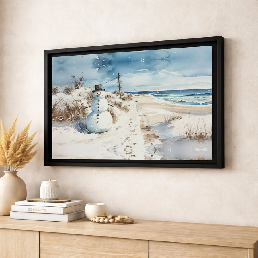 Coastal Snowman Canvas Wall Art | Snowy Beach Holiday Watercolor Print | 1.25-Inch Gallery Wrap | Festive Winter Home Decor Gift