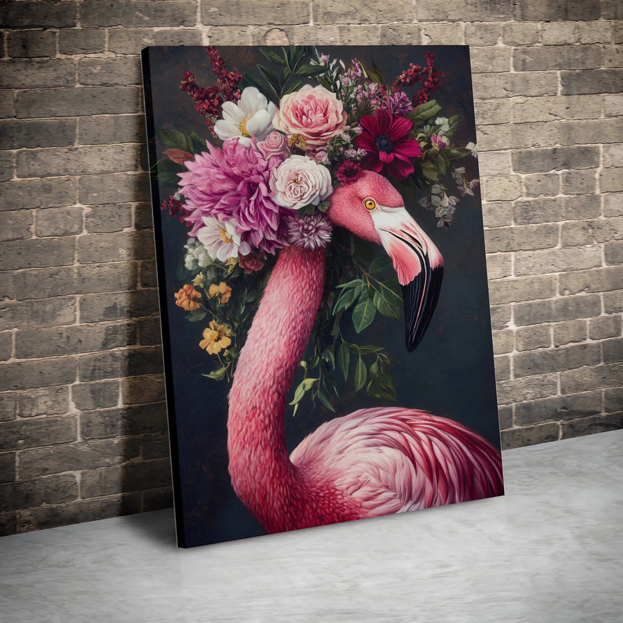 Flamingo Floral Canvas Print | Moody Botanical Bird with Flower Crown | Premium Gallery Wrapped Wall Art | Maximalist Living Room Decor Gift