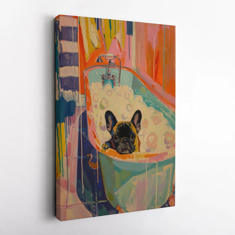 French Bulldog Canvas Art | Colorful Abstract Dog In Bathtub | Premium Fade-Resistant Gallery Print | Whimsical Pet Lover Gift
