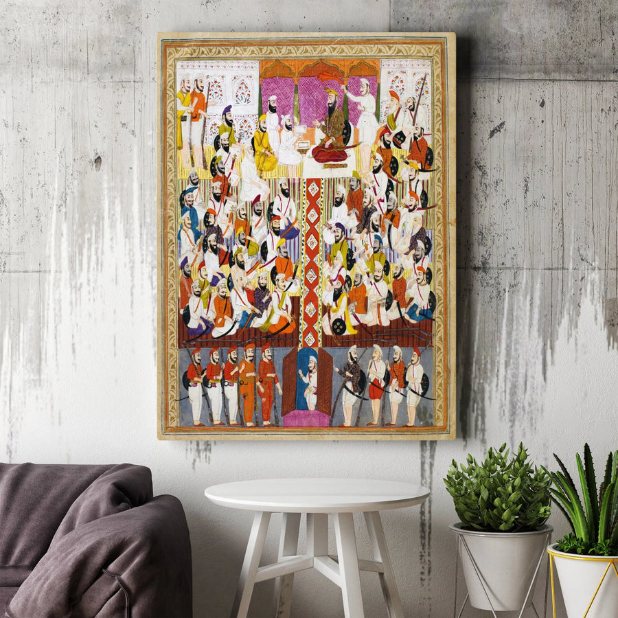 Guru Gobind Singh Darbar Canvas Print | Traditional Sikh Miniature Art Wall Decor | Premium 1.25" Gallery Wrap | Spiritual Home Office Gift