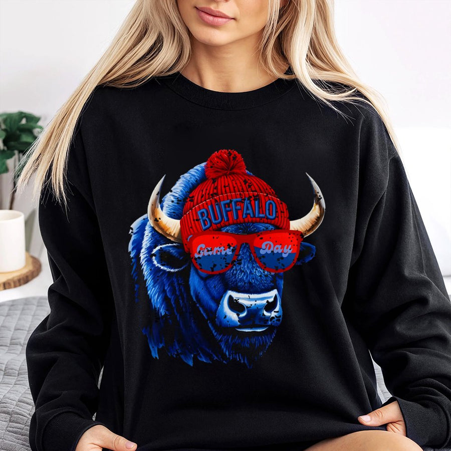 Buffalo Game Day Sweatshirt | Retro Bison In Beanie And Sunglasses | Premium Cotton Blend | Gift For Football Fan Tailgate Apparel