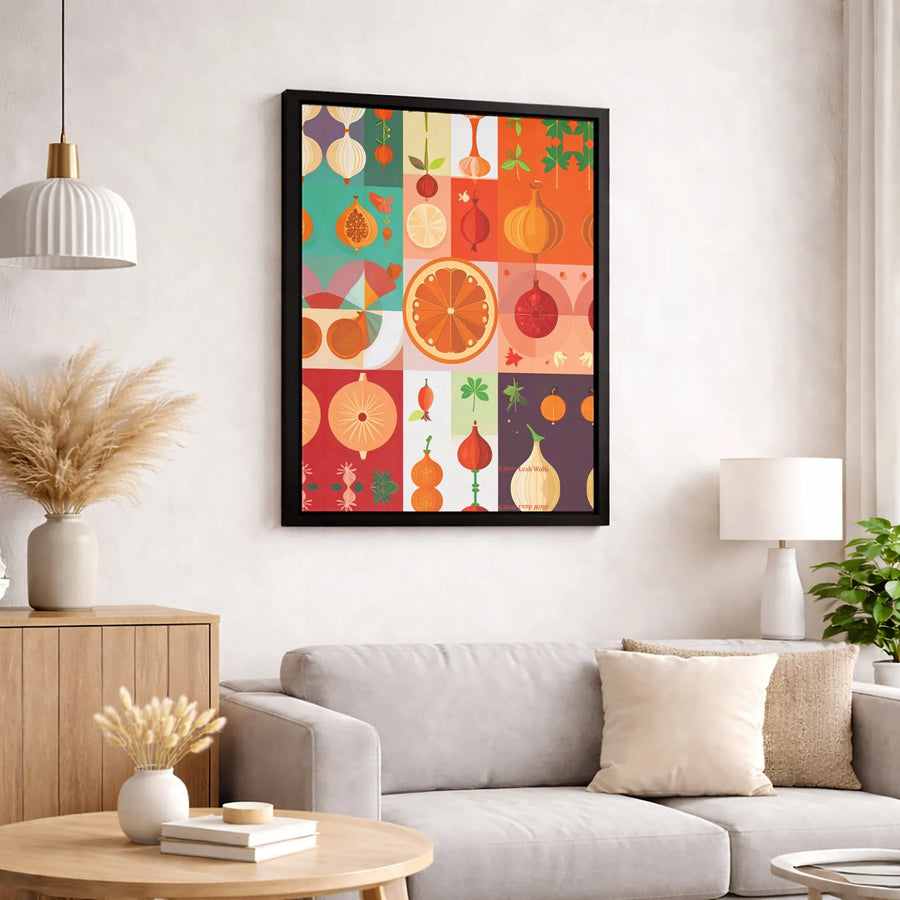 Modern Fruit And Vegetable Wall Art | Geometric Botanical Collage Print | Premium Gallery Wrapped Canvas | Kitchen And Dining Room Decor