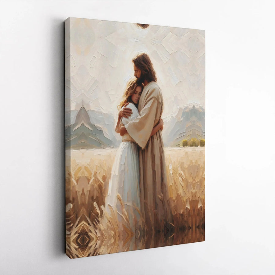 Jesus Embracing Woman Canvas Print | Impressionist Wheat Field Art | Premium Fade-Resistant Wall Decor | Spiritual Christian Home Gift