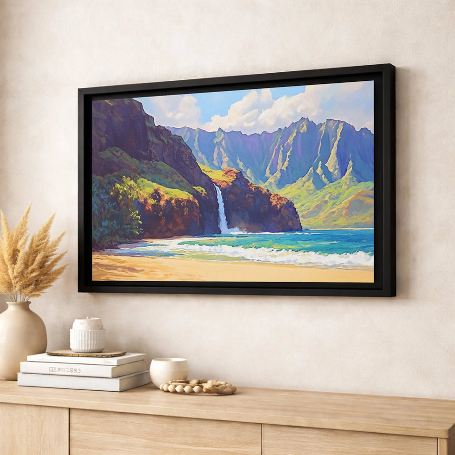 Hawaiian Napali Coast Canvas Art | Tropical Mountain Waterfall Landscape | Premium Gallery Wrapped Wall Decor | Island Beach Home Office Gift