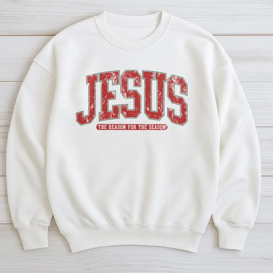Jesus The Reason For The Season Sweatshirt | Distressed Varsity Text | Premium Cotton Blend | Christian Christmas Gift for Women and Men