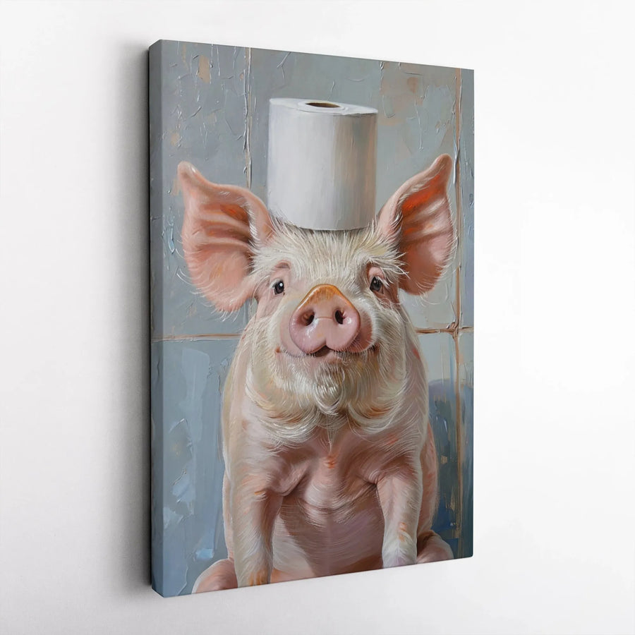 Funny Pig Bathroom Wall Art | Whimsical Toilet Paper Piggy Canvas | Premium 1.25-Inch Gallery Wrap | Unique Gift for Animal Lovers