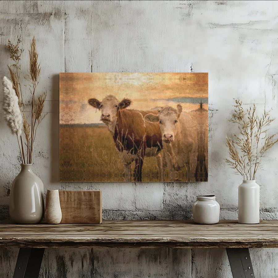 Rustic Farmhouse Canvas Wall Art | Two Cows in Sunset Field Painting | Premium Gallery-Wrapped Print | Farm Animal Decor for Home
