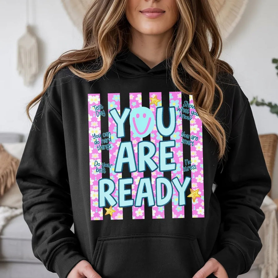 Motivational Test Day Hoodie | Retro 'You Are Ready' Smiley Graphic | Soft Unisex Pullover | State Testing Teacher & Student Gift