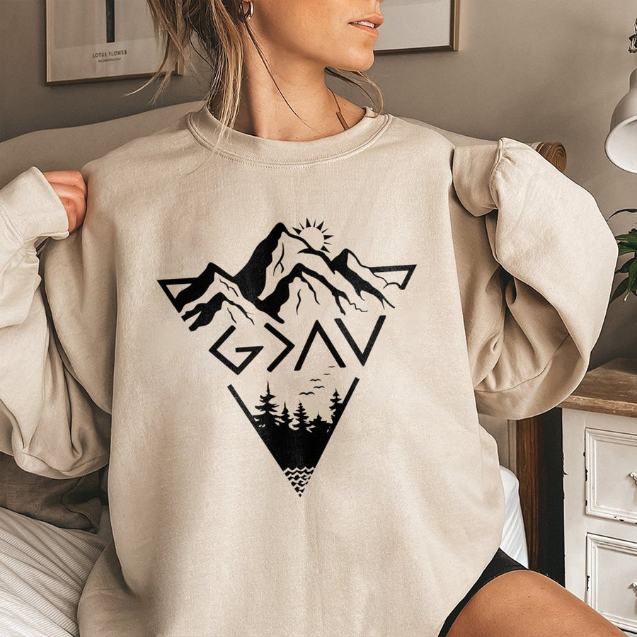 God Is Greater Than Highs And Lows Sweatshirt | Mountain Landscape Faith Design | Premium Cotton Blend | Christian Religious Gift For Men And Women