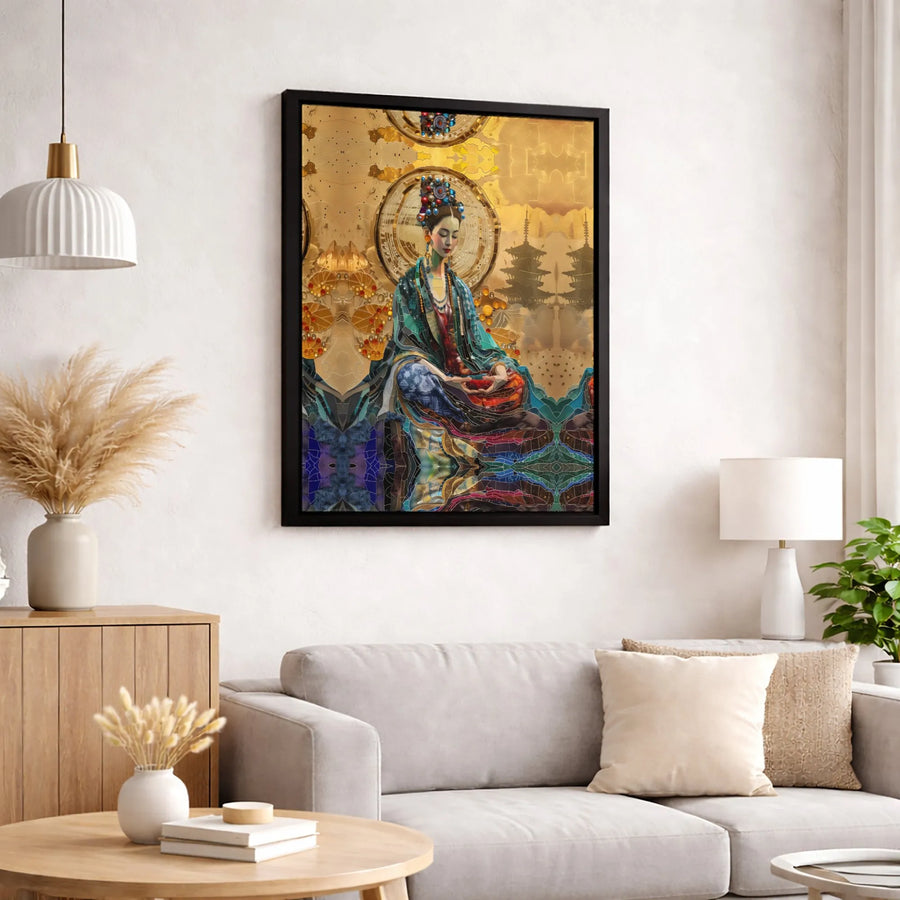 Meditating Empress Canvas Wall Art | Stained Glass Zen Pagoda Decor | Premium Fade-Resistant Print | Spiritual Home Office Gift