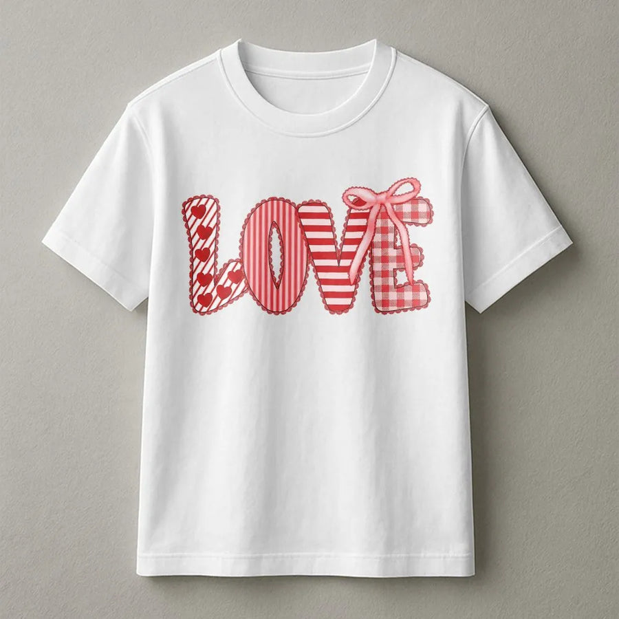 Love Valentine T-Shirt | Cute Coquette Aesthetic Patchwork Heart Gingham Bow Graphic | Premium Soft Cotton | Romantic Gift for Her & Couples
