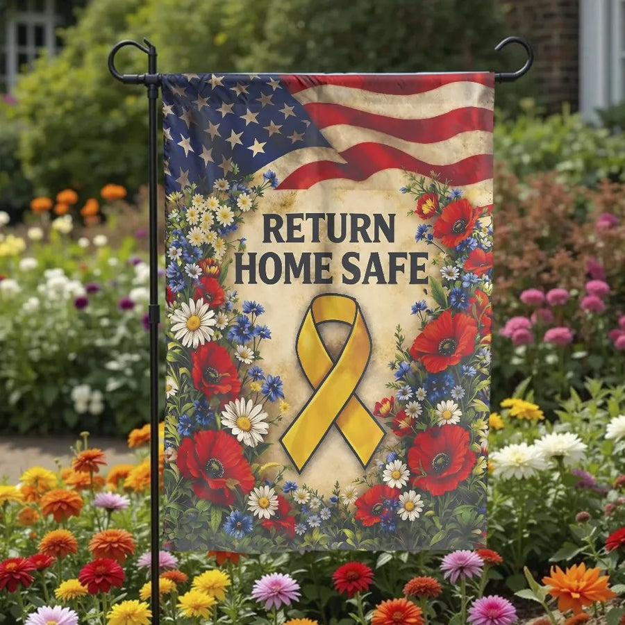Return Home Safe Garden Flag | Yellow Ribbon Military Support with American Flag and Florals | Double-Sided Premium Polyester | Patriotic Deployment Welcome Home Gift