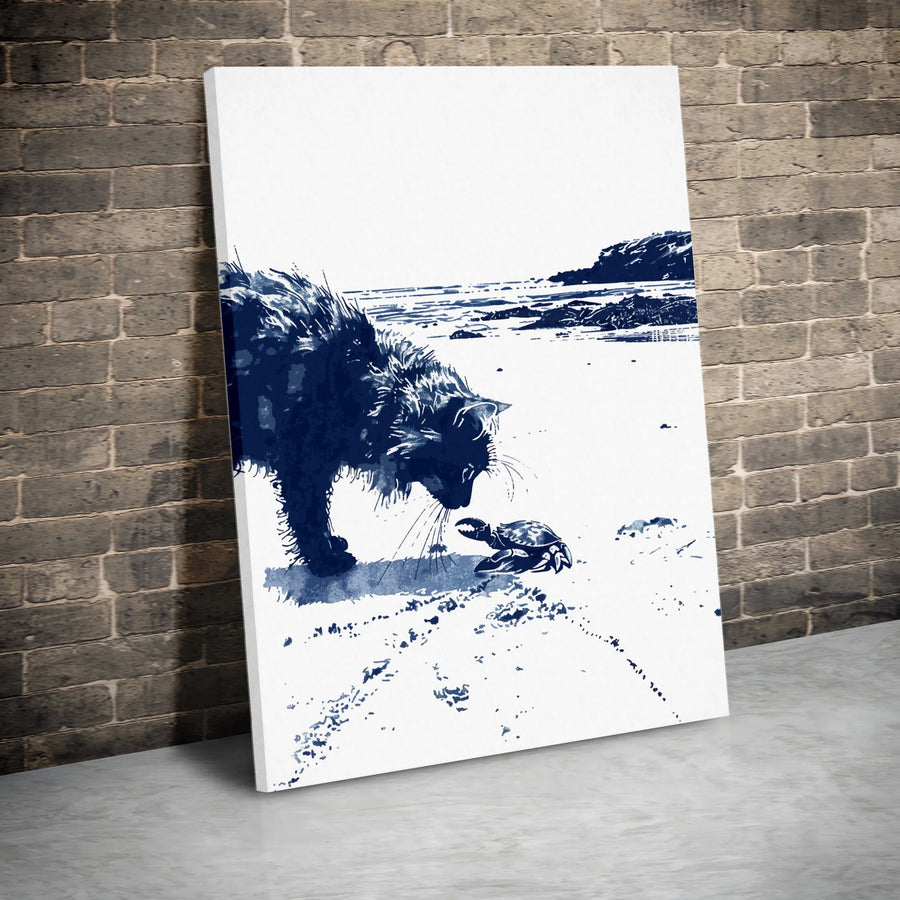 Cat and Crab Beach Canvas Art | Blue Ink Wash Coastal Wall Decor | Premium 1.25-inch Gallery Wrapped Print | Unique Ocean Life Gift for Cat Lovers