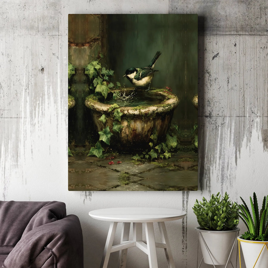 Bird Bath Canvas Wall Art | Classical Great Tit Bird Painting | Premium Gallery-Wrapped Print | Elegant Nature Home Decor Gift
