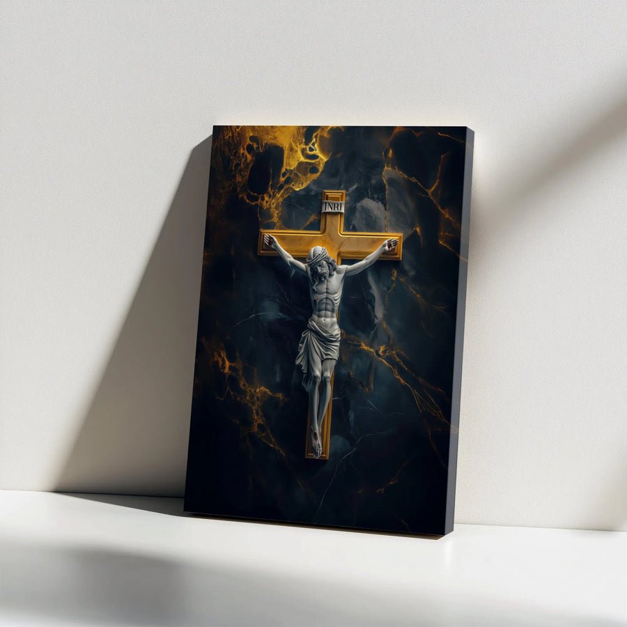 Jesus On The Cross Canvas Wall Art | Golden Crucifix Marble Texture | Premium Gallery Wrap Print | Religious Home Decor Gift