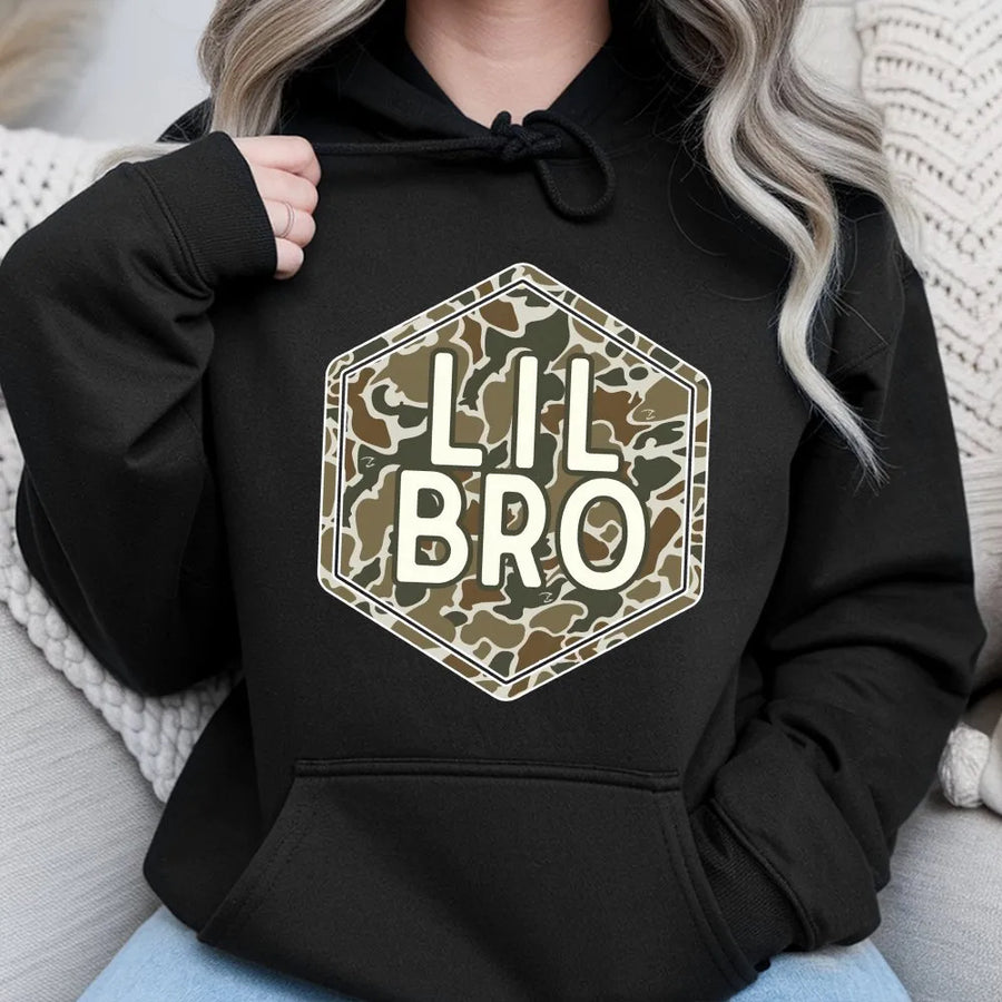 Lil Bro Camo Hoodie | Hexagon Graphic Sweatshirt | Premium Cotton Blend | Matching Sibling Gift for Little Brother