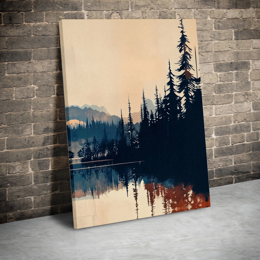 Mountain Forest Canvas Wall Art | Modern Pine Tree Silhouette with Lake Reflection | Premium Stretched Canvas | Rustic Cabin & Living Room Decor