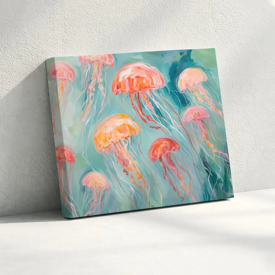Jellyfish Wall Art Canvas | Abstract Pink and Orange Ocean Painting | Premium Gallery Wrap Print | Coastal Home Decor Gift for Beach Lovers